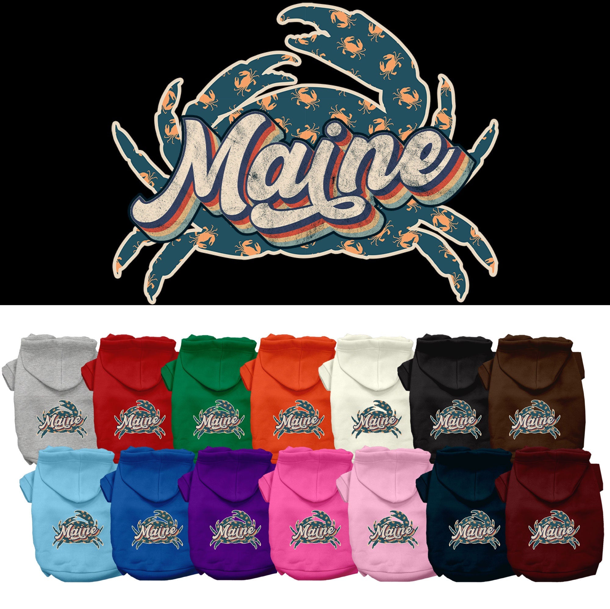 A cozy screen printed hoodie for medium to large pets featuring a Maine Retro Crabs design, perfect for dogs and cats.
