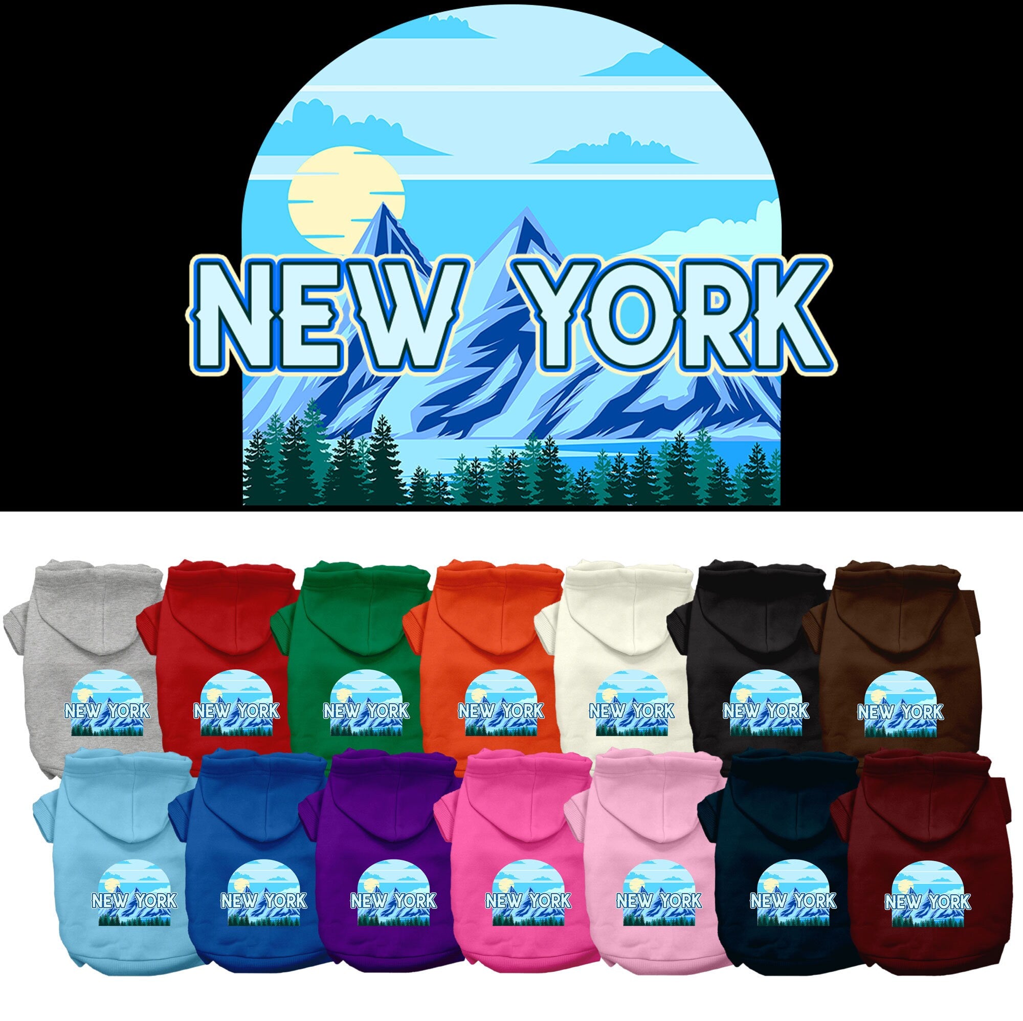 A medium to large pet wearing a stylish New York Trailblazer screen printed hoodie, showcasing its soft fabric and convenient leash access hole.