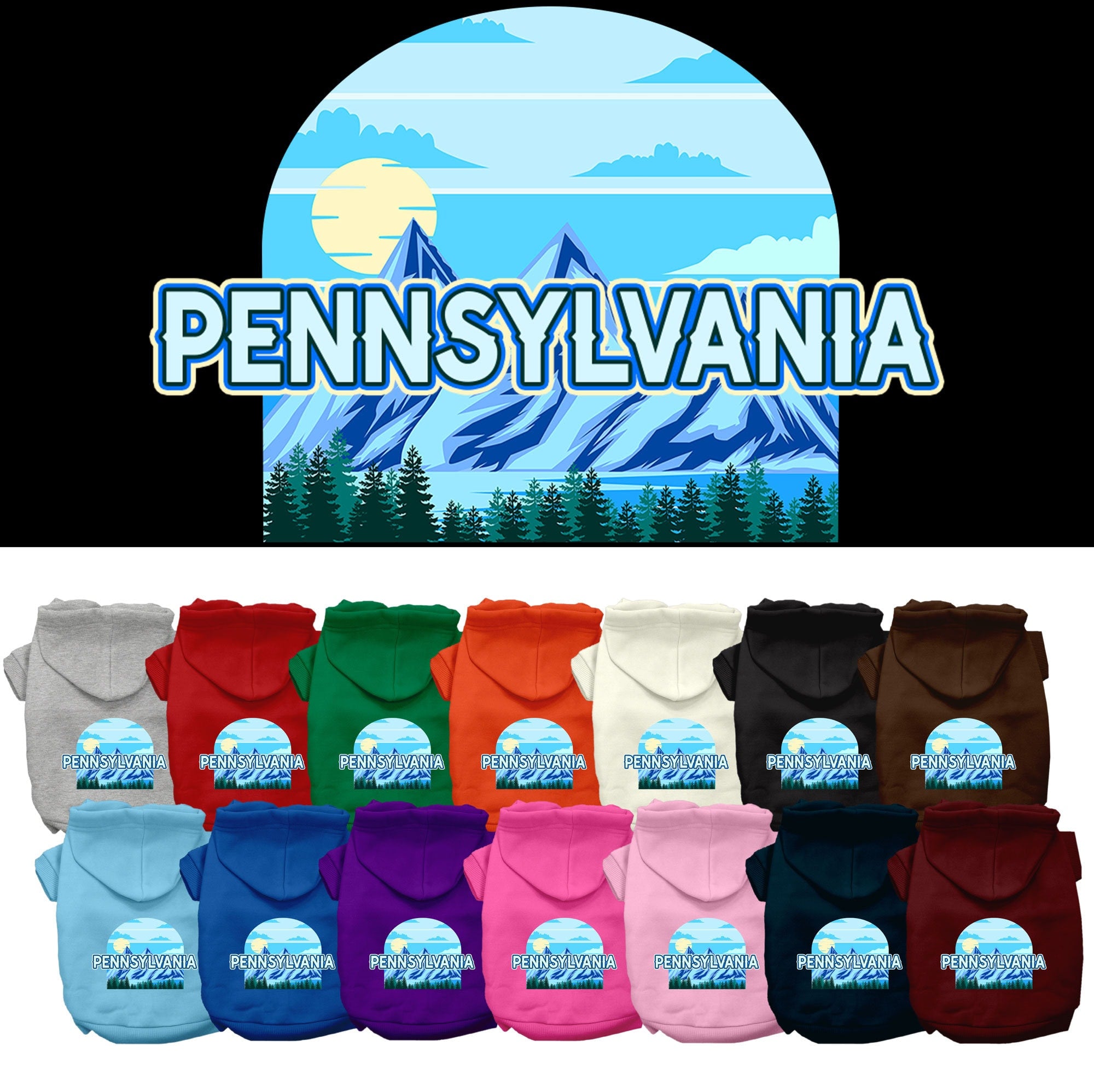 A cozy screen printed hoodie for medium to large pets, featuring a unique 'Pennsylvania Trailblazer' design, perfect for dogs and cats.