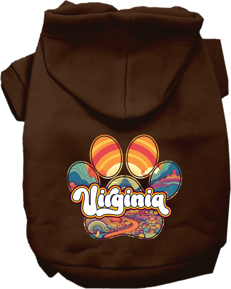 A cozy screen printed hoodie for medium to large pets, featuring the 'Virginia Groovy Summit' design, showcasing its soft fabric and durable stitching.