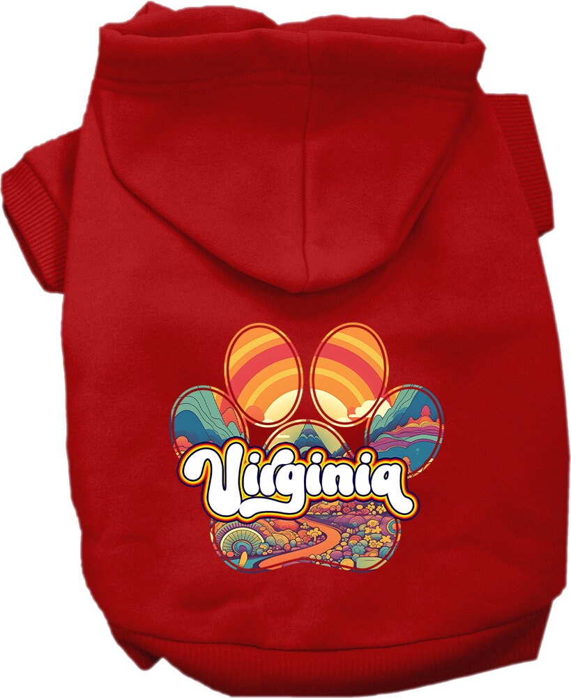 A cozy screen printed hoodie for medium to large pets, featuring the 'Virginia Groovy Summit' design, showcasing its soft fabric and durable stitching.