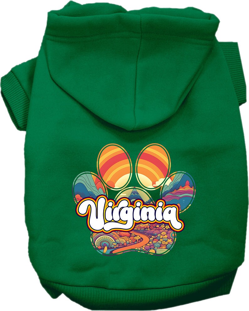 A cozy screen printed hoodie for medium to large pets, featuring the 'Virginia Groovy Summit' design, showcasing its soft fabric and durable stitching.