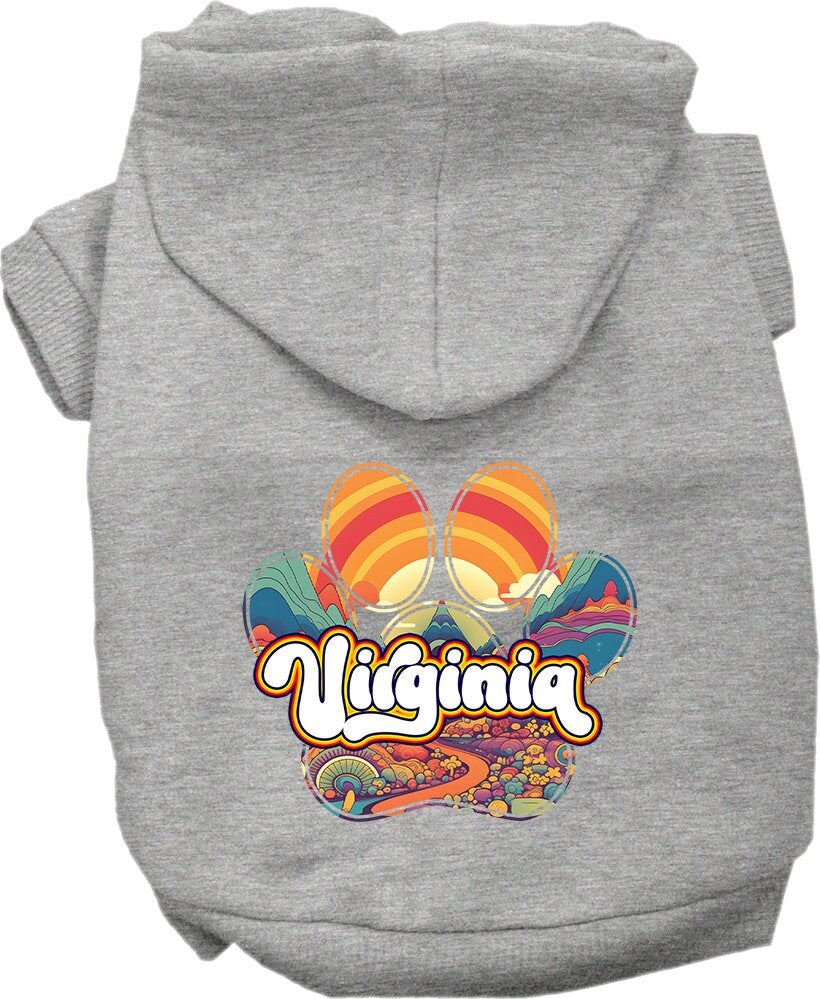 A cozy screen printed hoodie for medium to large pets, featuring the 'Virginia Groovy Summit' design, showcasing its soft fabric and durable stitching.