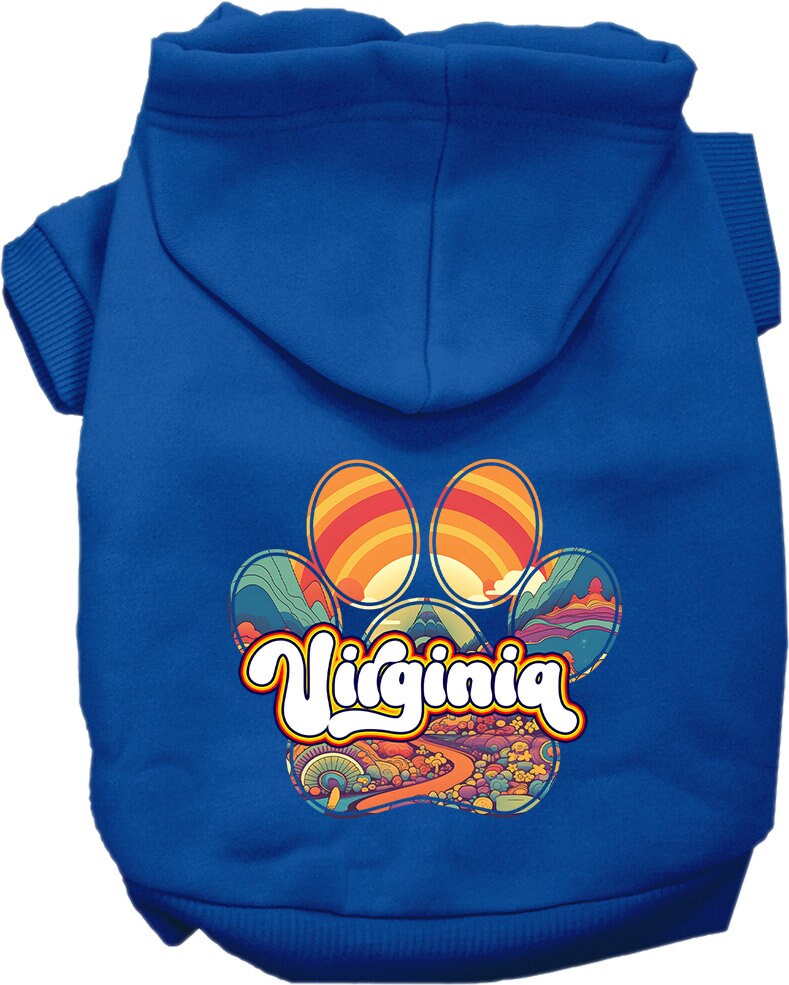 A cozy screen printed hoodie for medium to large pets, featuring the 'Virginia Groovy Summit' design, showcasing its soft fabric and durable stitching.