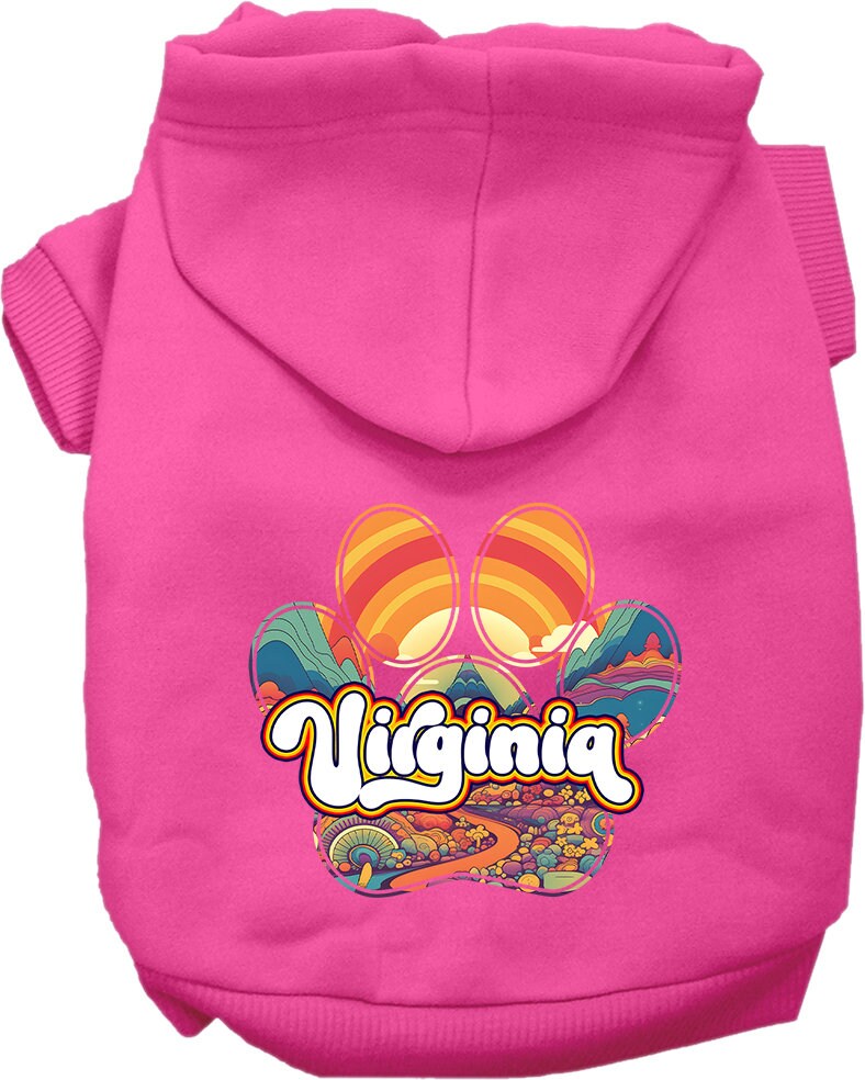 A cozy screen printed hoodie for medium to large pets, featuring the 'Virginia Groovy Summit' design, showcasing its soft fabric and durable stitching.