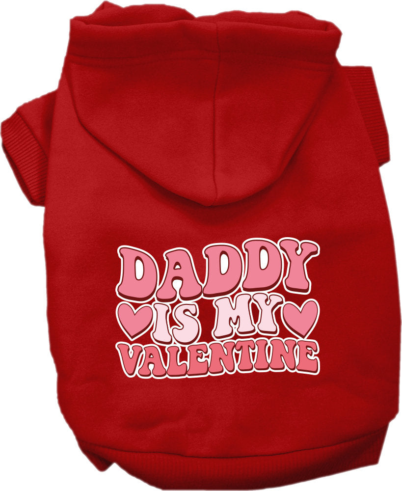 A medium to large pet wearing a soft, warm hoodie with the text 'Daddy Is My Valentine', showcasing its stylish design and comfortable fit.