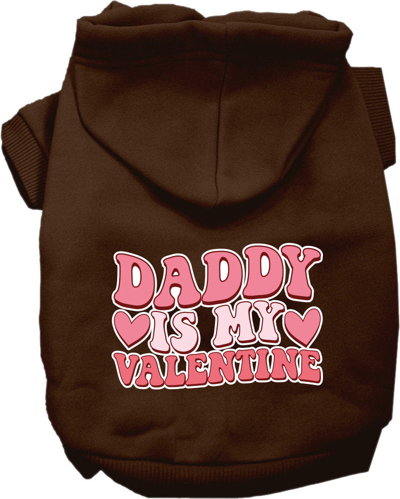 A medium to large pet wearing a soft, warm hoodie with the text 'Daddy Is My Valentine', showcasing its stylish design and comfortable fit.