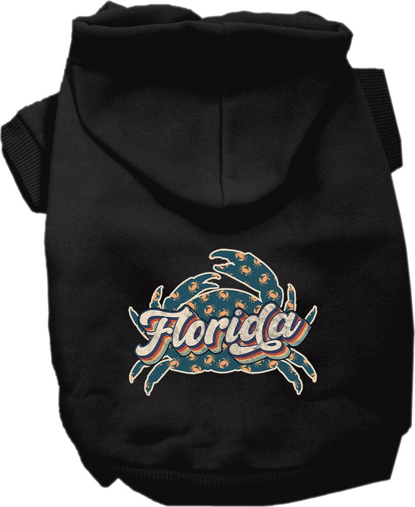 A medium to large pet wearing a soft, stylish hoodie featuring a Florida Retro Crabs design, showcasing comfort and durability.