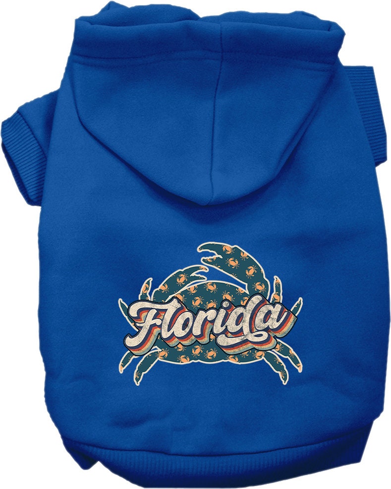 A medium to large pet wearing a soft, stylish hoodie featuring a Florida Retro Crabs design, showcasing comfort and durability.