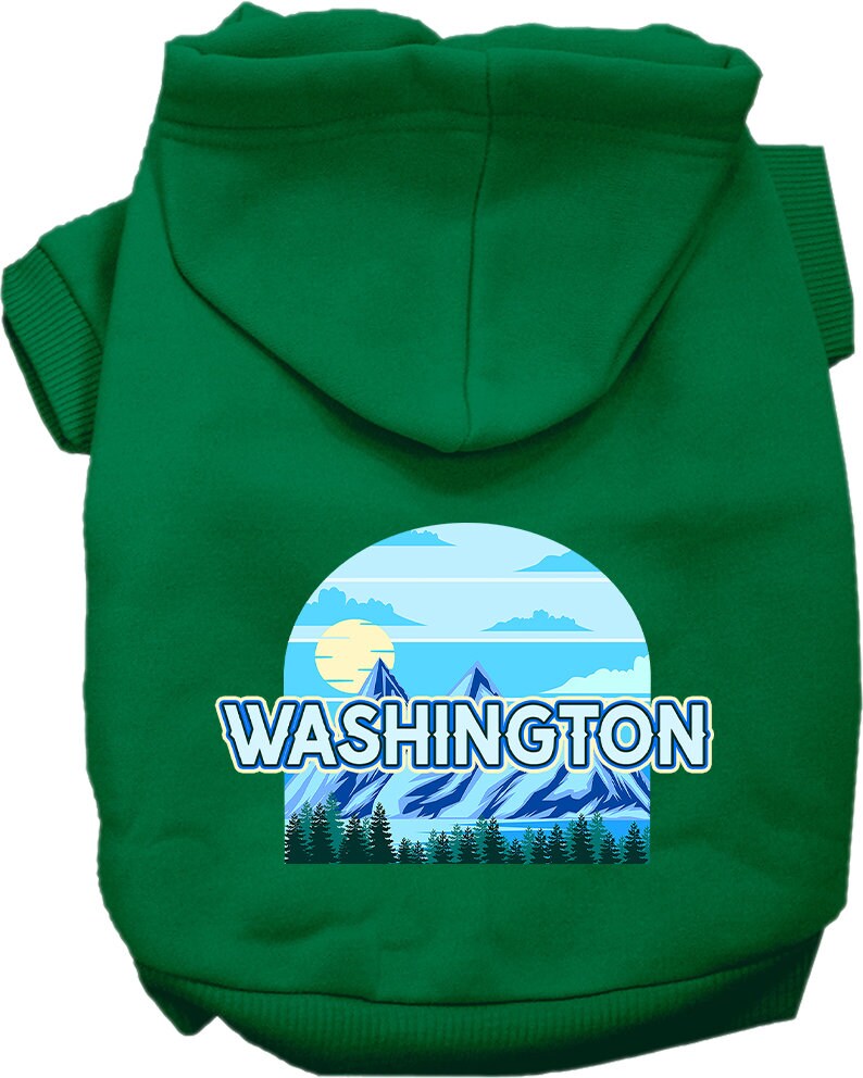 A medium to large pet wearing a stylish screen printed hoodie with the 'Washington Trailblazer' design, showcasing comfort and durability.