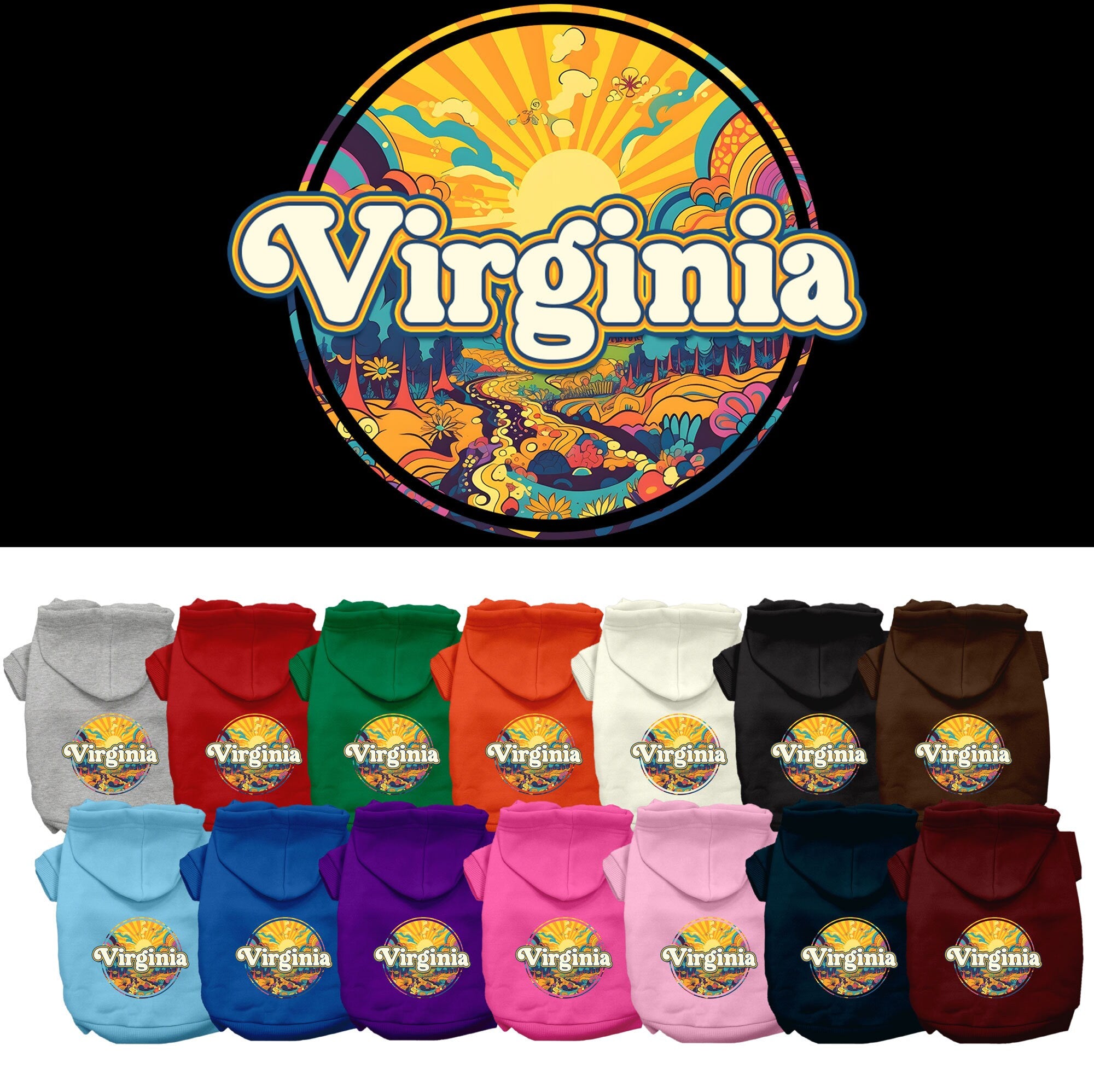 A medium to large pet wearing a soft, warm hoodie with a unique 'Virginia Trippy Peaks' design, showcasing durability and comfort.