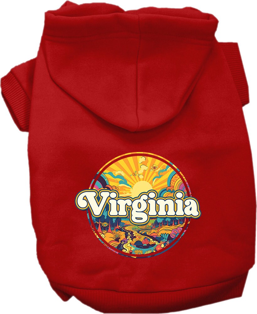 A medium to large pet wearing a soft, warm hoodie with a unique 'Virginia Trippy Peaks' design, showcasing durability and comfort.