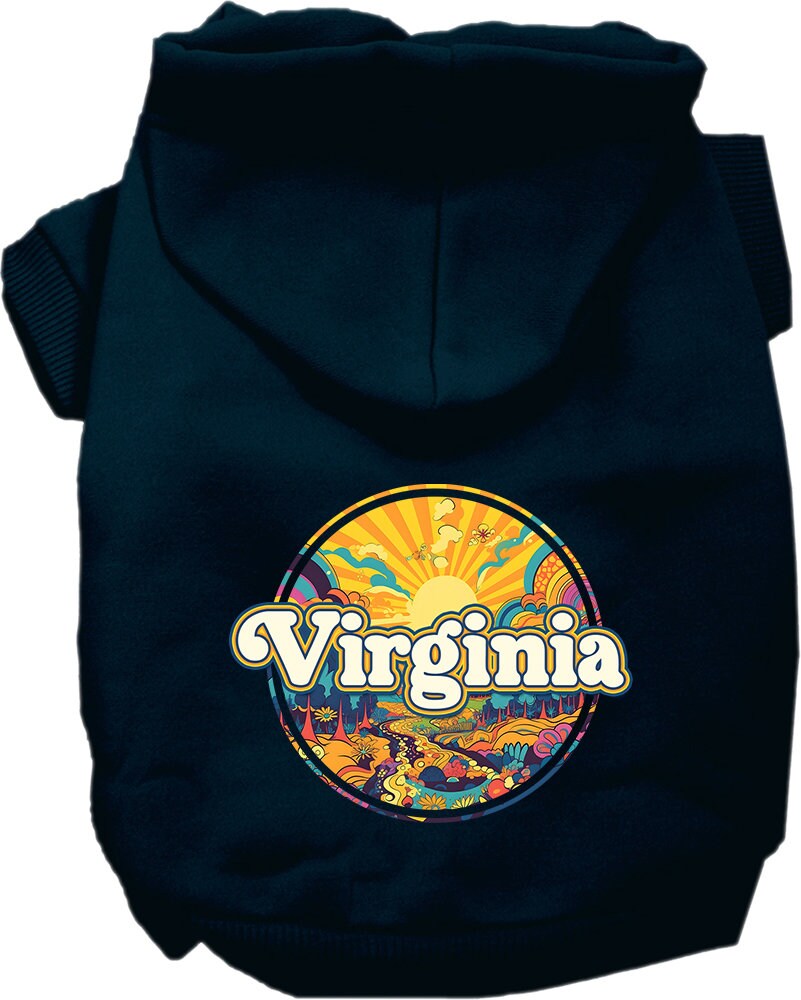 A medium to large pet wearing a soft, warm hoodie with a unique 'Virginia Trippy Peaks' design, showcasing durability and comfort.