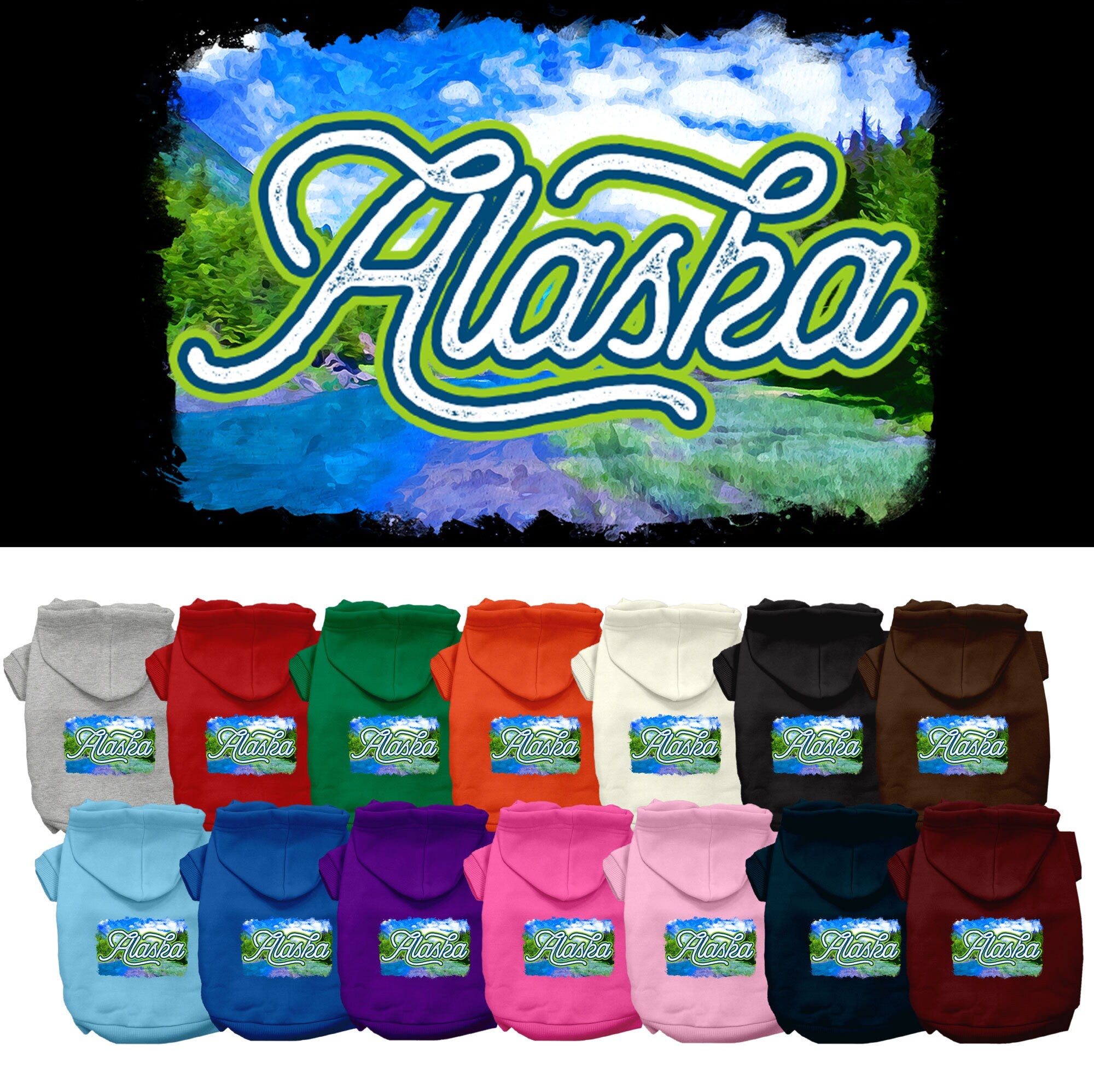 A cozy screen printed hoodie for medium to large pets, featuring the 'Alaska Summer' design, perfect for dogs and cats.