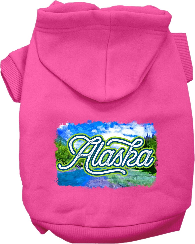 A cozy screen printed hoodie for medium to large pets, featuring the 'Alaska Summer' design, perfect for dogs and cats.