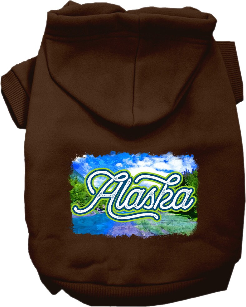 A cozy screen printed hoodie for medium to large pets, featuring the 'Alaska Summer' design, perfect for dogs and cats.