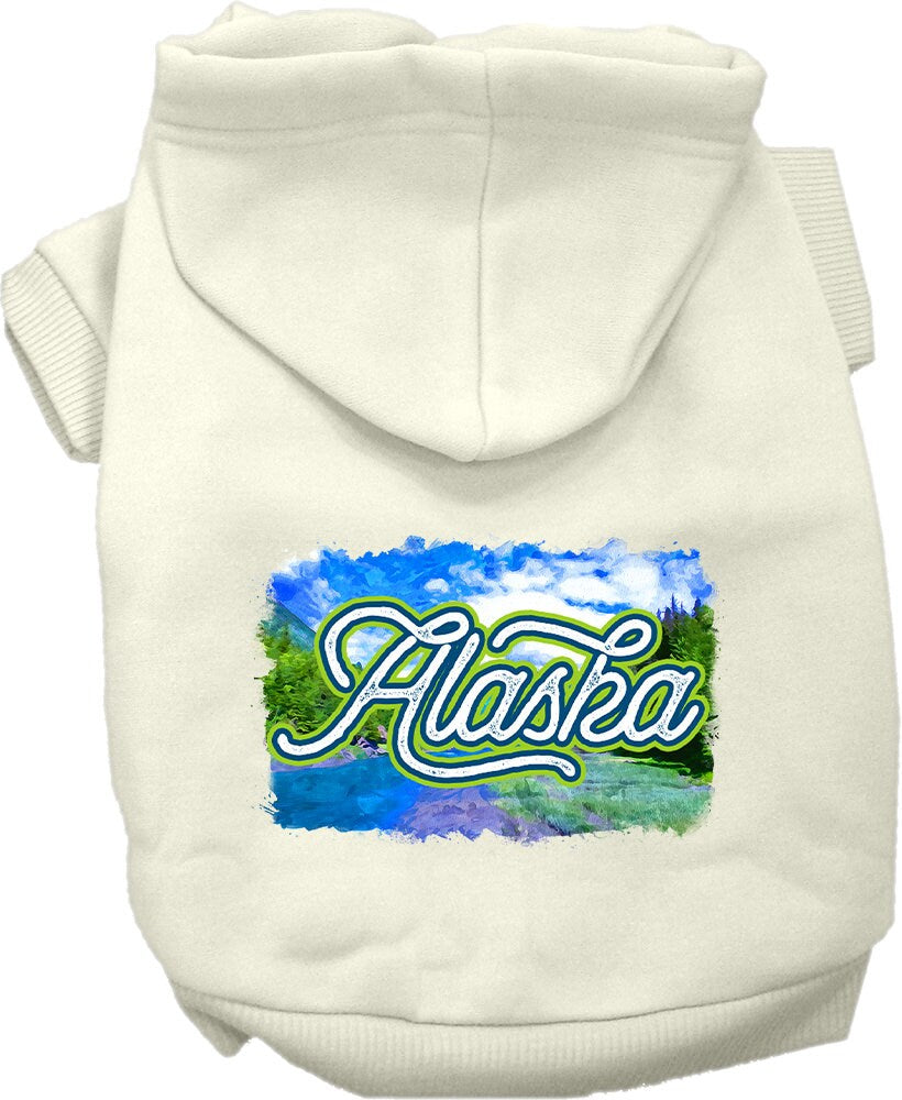 A cozy screen printed hoodie for medium to large pets, featuring the 'Alaska Summer' design, perfect for dogs and cats.
