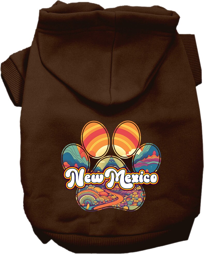 A medium to large pet wearing a soft, warm screen printed hoodie featuring the 'New Mexico Groovy Summit' design, showcasing comfort and style.