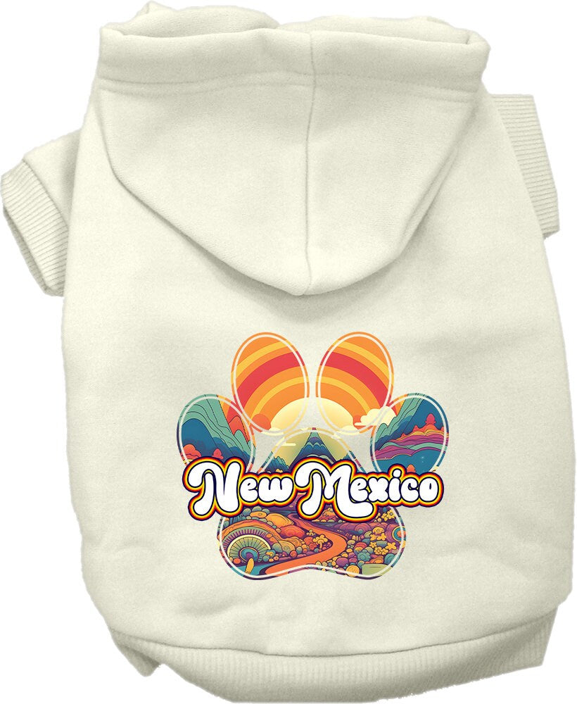 A medium to large pet wearing a soft, warm screen printed hoodie featuring the 'New Mexico Groovy Summit' design, showcasing comfort and style.