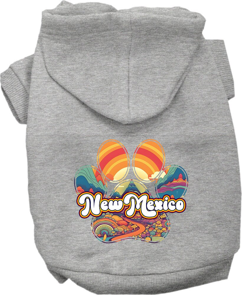 A medium to large pet wearing a soft, warm screen printed hoodie featuring the 'New Mexico Groovy Summit' design, showcasing comfort and style.