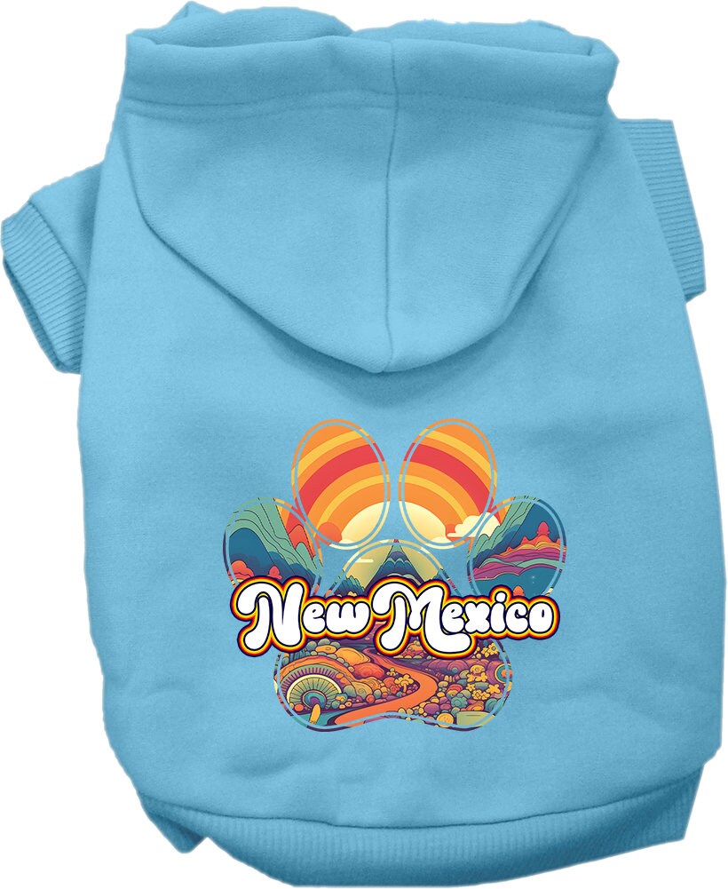 A medium to large pet wearing a soft, warm screen printed hoodie featuring the 'New Mexico Groovy Summit' design, showcasing comfort and style.