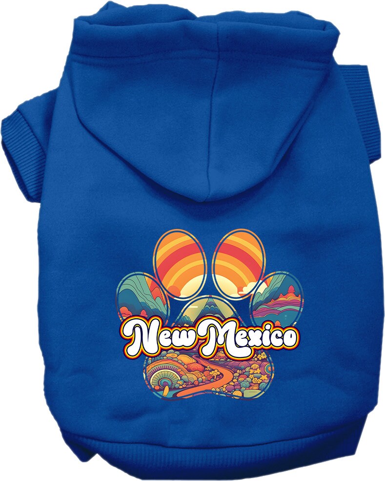 A medium to large pet wearing a soft, warm screen printed hoodie featuring the 'New Mexico Groovy Summit' design, showcasing comfort and style.