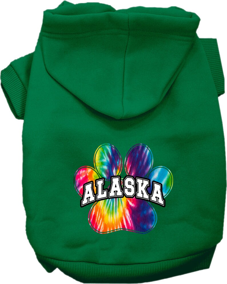 A vibrant Alaska Bright Tie Dye hoodie for medium to large dogs and cats, showcasing its soft fabric and convenient leash access hole.