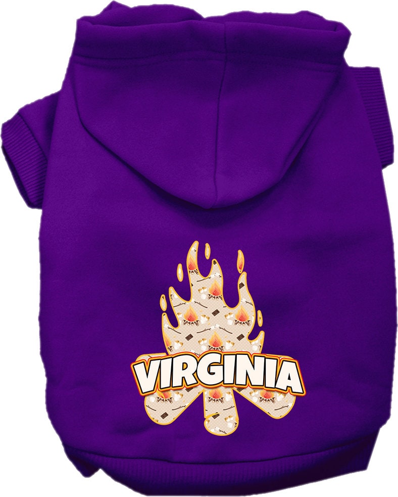 A cozy screen printed hoodie for medium to large pets, featuring a 'Virginia Around The Campfire' design, perfect for chilly weather.