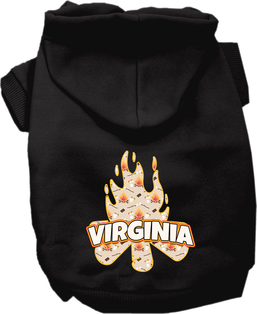 A cozy screen printed hoodie for medium to large pets, featuring a 'Virginia Around The Campfire' design, perfect for chilly weather.