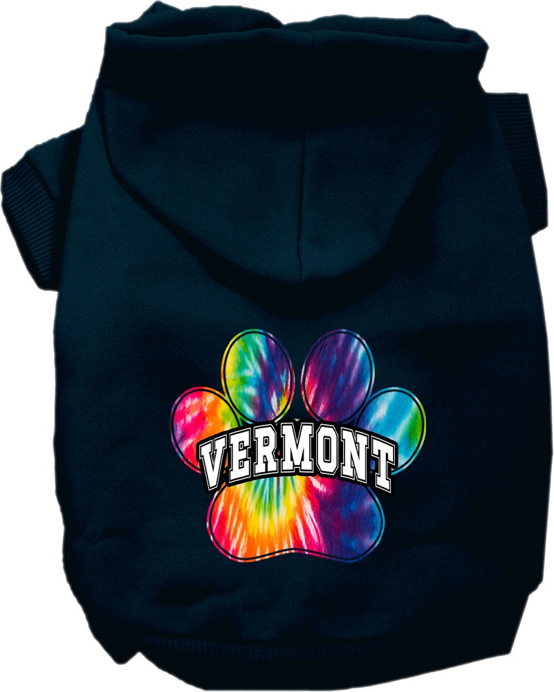 A vibrant Vermont Bright Tie Dye hoodie for medium to large pets, showcasing its soft fabric and convenient leash access hole.