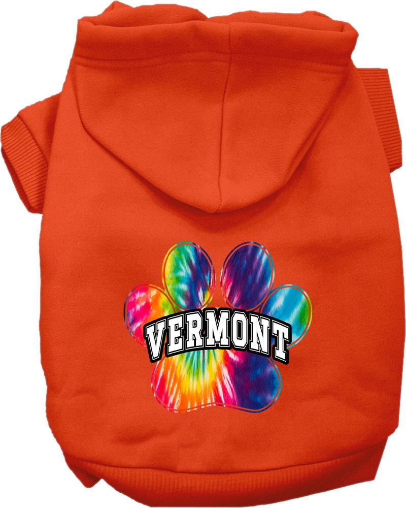A vibrant Vermont Bright Tie Dye hoodie for medium to large pets, showcasing its soft fabric and convenient leash access hole.
