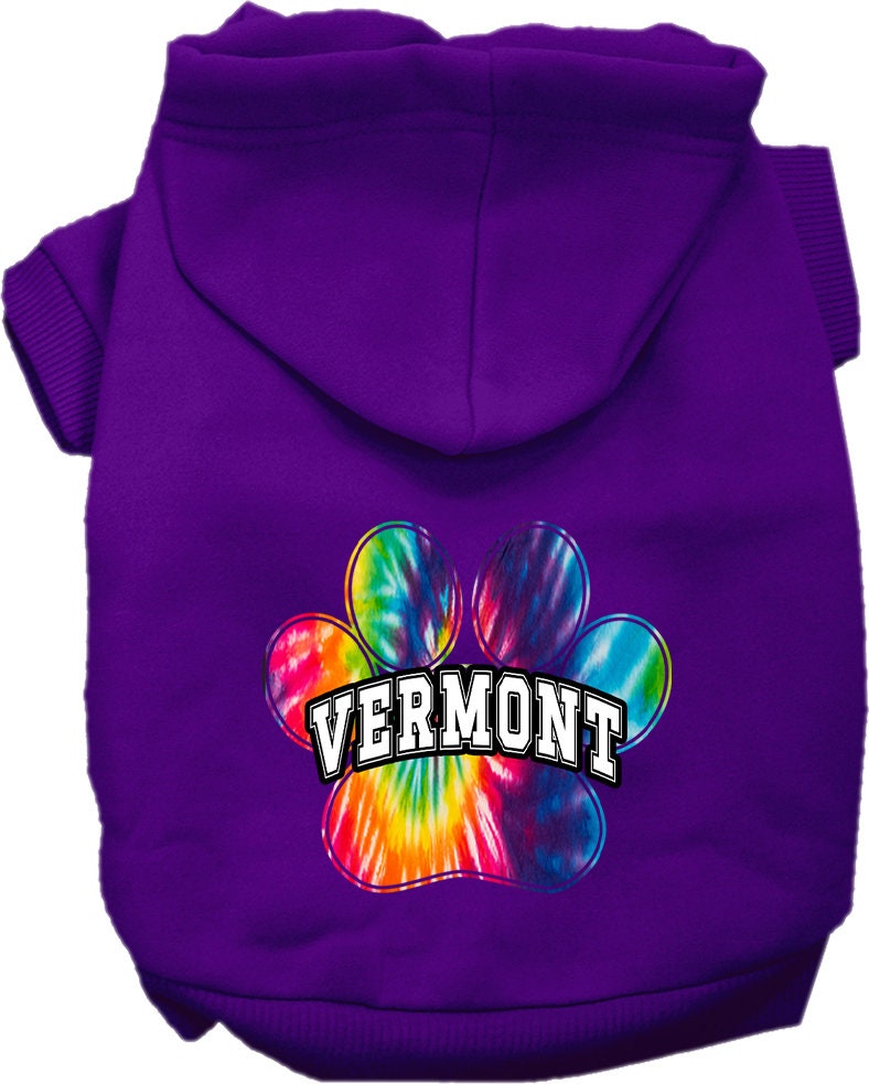 A vibrant Vermont Bright Tie Dye hoodie for medium to large pets, showcasing its soft fabric and convenient leash access hole.