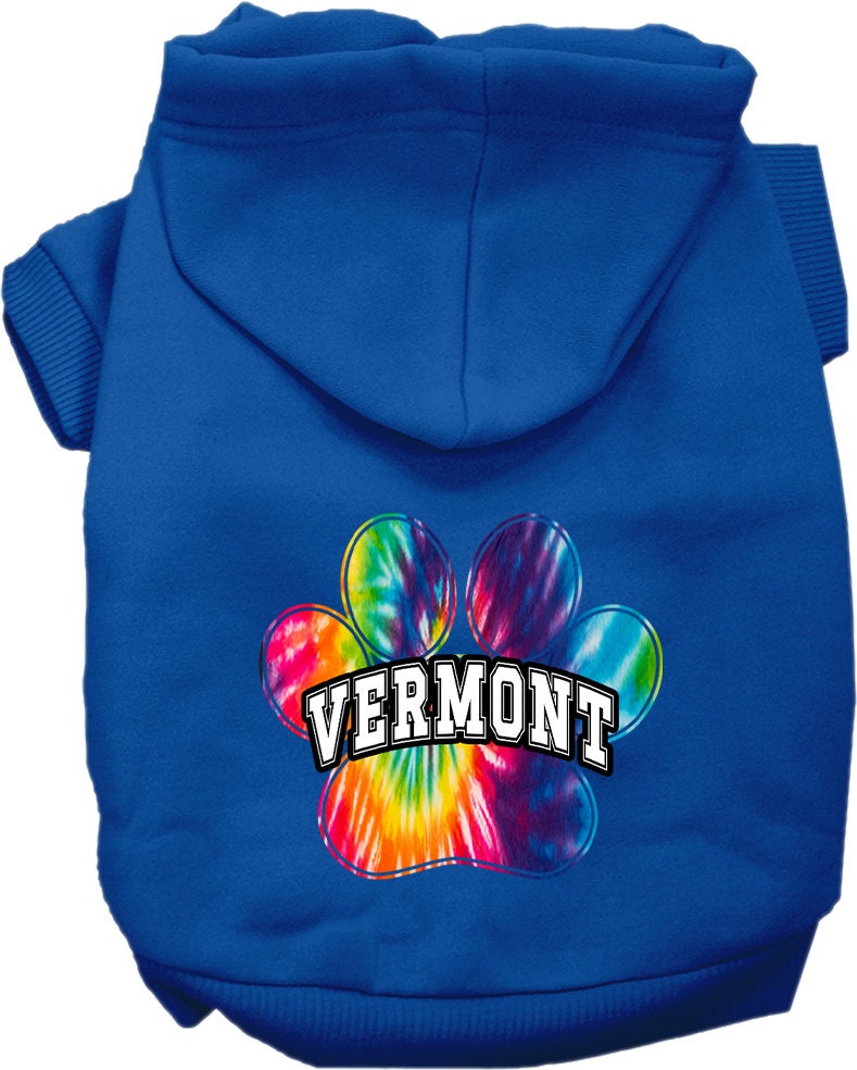 A vibrant Vermont Bright Tie Dye hoodie for medium to large pets, showcasing its soft fabric and convenient leash access hole.