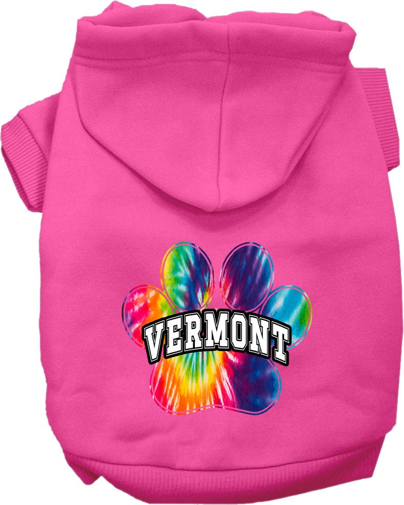 A vibrant Vermont Bright Tie Dye hoodie for medium to large pets, showcasing its soft fabric and convenient leash access hole.
