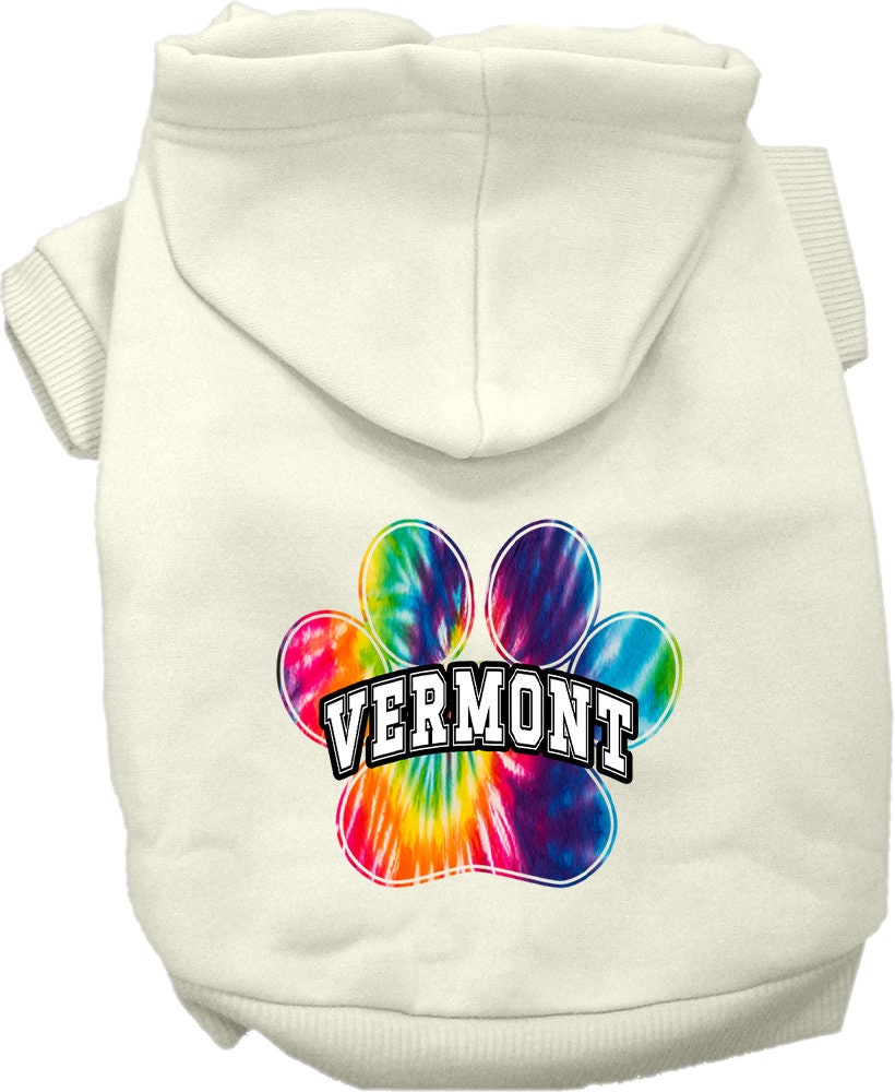 A vibrant Vermont Bright Tie Dye hoodie for medium to large pets, showcasing its soft fabric and convenient leash access hole.