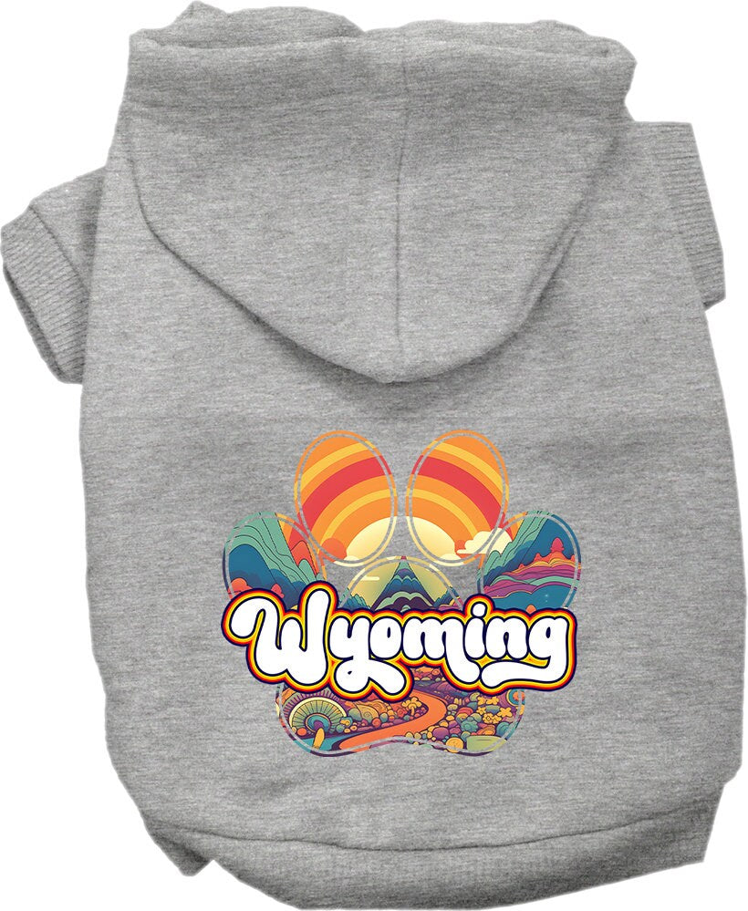 A cozy screen printed hoodie for medium to large pets, featuring the Wyoming Groovy Summit design, showcasing its soft fabric and durable stitching.