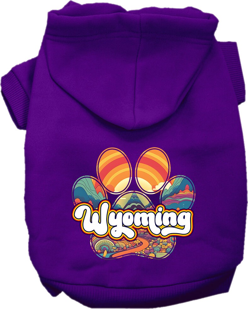 A cozy screen printed hoodie for medium to large pets, featuring the Wyoming Groovy Summit design, showcasing its soft fabric and durable stitching.