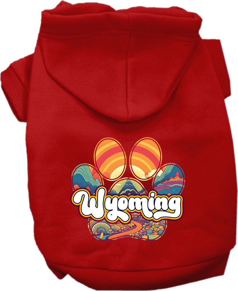 A cozy screen printed hoodie for medium to large pets, featuring the Wyoming Groovy Summit design, showcasing its soft fabric and durable stitching.