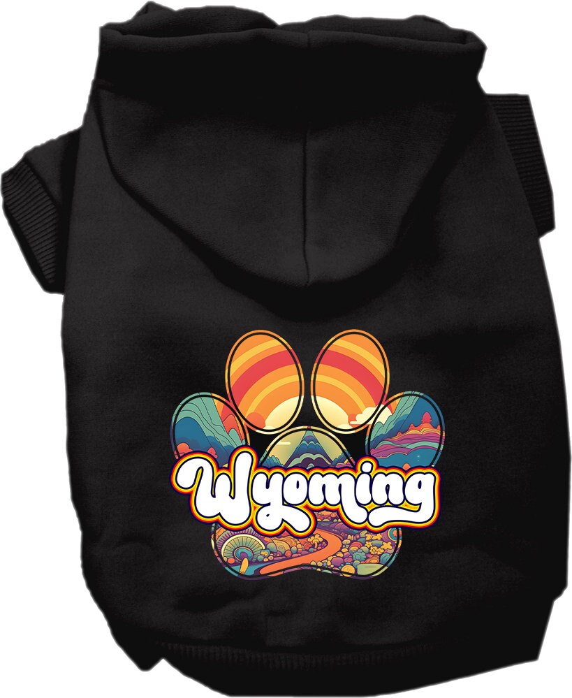 A cozy screen printed hoodie for medium to large pets, featuring the Wyoming Groovy Summit design, showcasing its soft fabric and durable stitching.