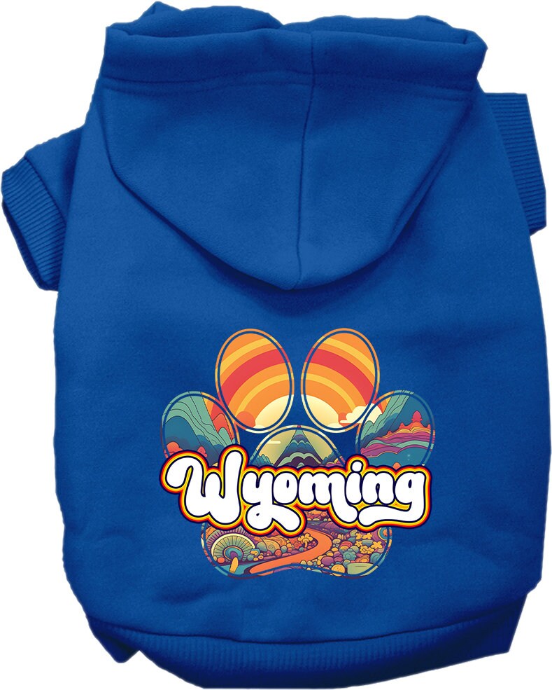 A cozy screen printed hoodie for medium to large pets, featuring the Wyoming Groovy Summit design, showcasing its soft fabric and durable stitching.