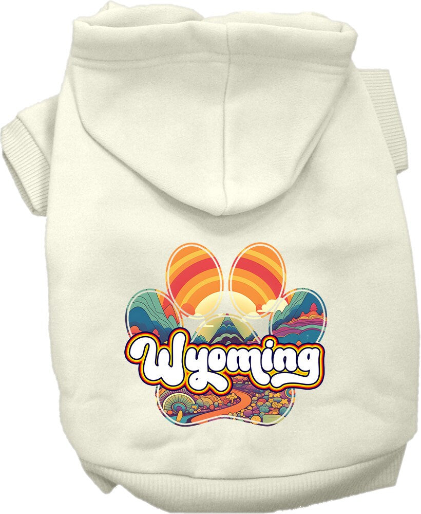 A cozy screen printed hoodie for medium to large pets, featuring the Wyoming Groovy Summit design, showcasing its soft fabric and durable stitching.