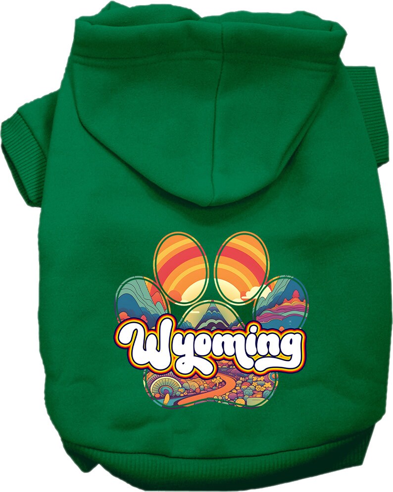 A cozy screen printed hoodie for medium to large pets, featuring the Wyoming Groovy Summit design, showcasing its soft fabric and durable stitching.