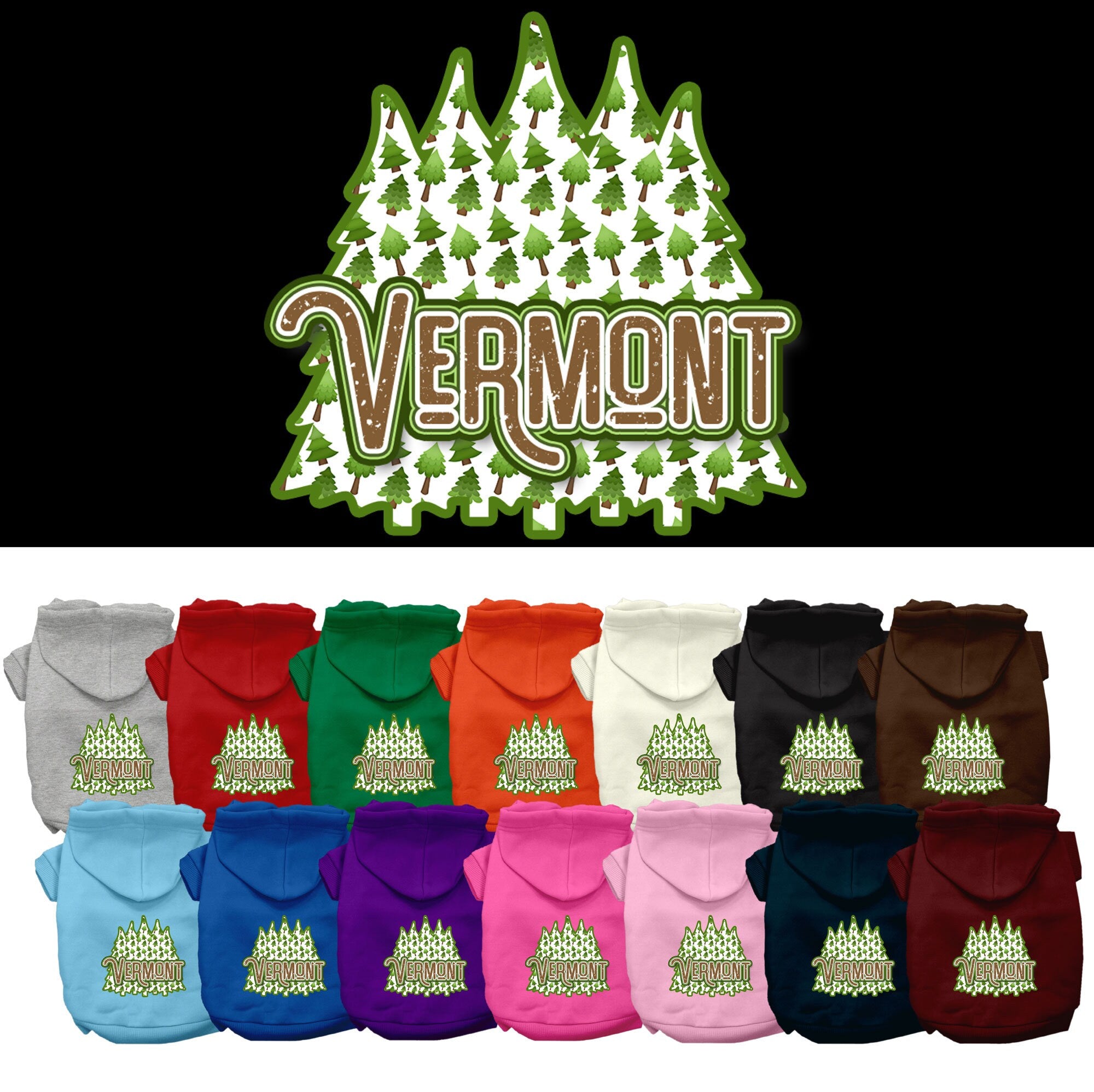 A cozy screen printed hoodie for medium to large pets featuring a Vermont Woodland Trees design, showcasing its soft fabric and durable stitching.