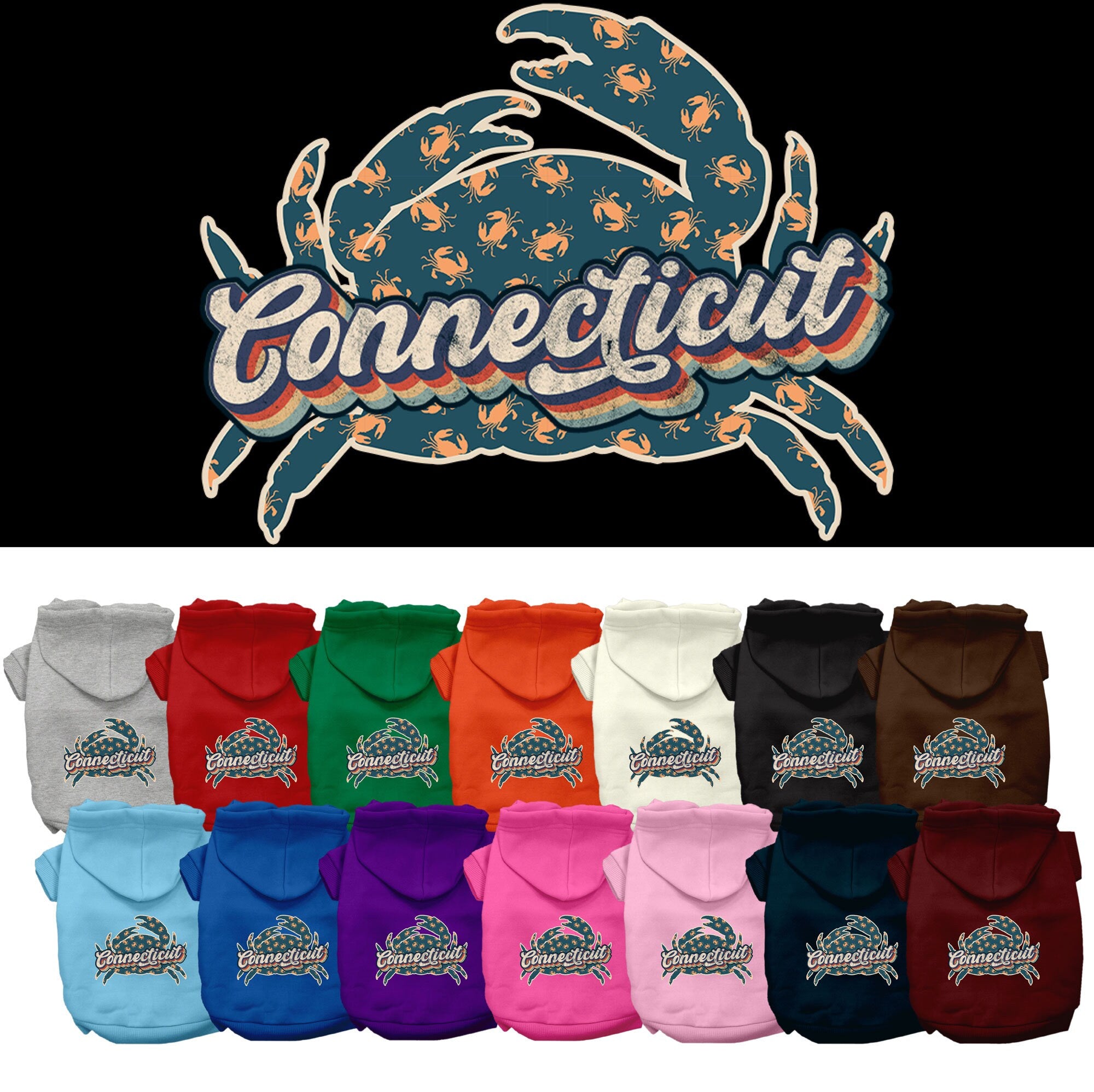 A medium to large pet wearing a stylish screen printed hoodie featuring a Connecticut Retro Crabs design, showcasing comfort and durability.
