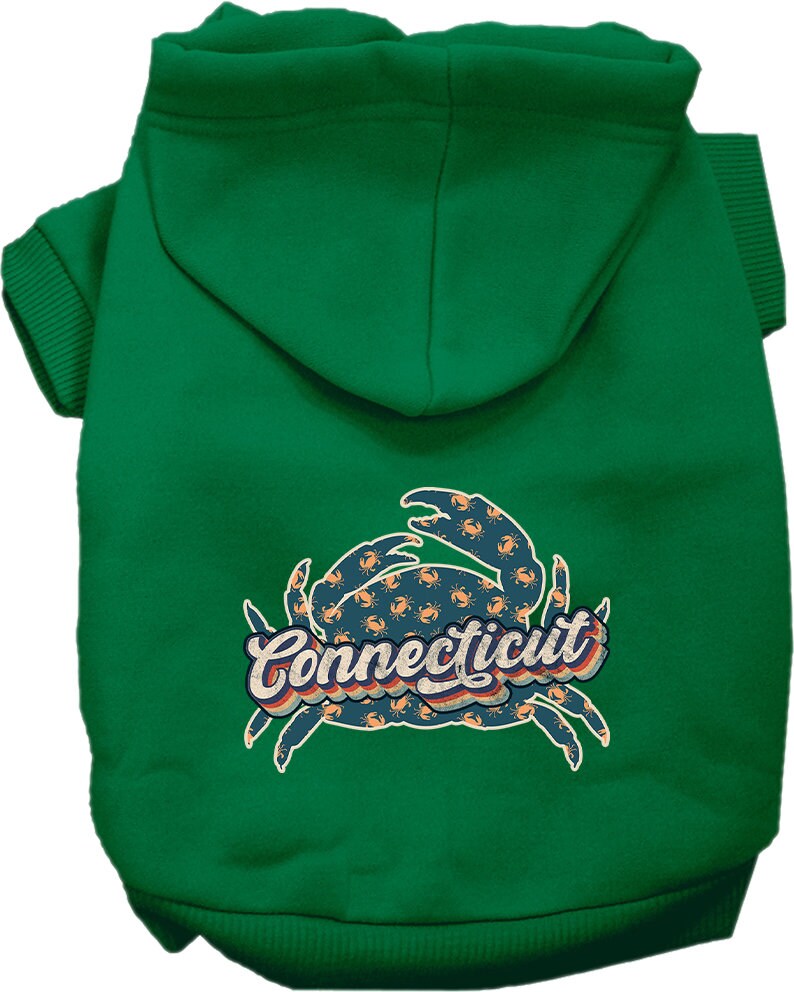 A medium to large pet wearing a stylish screen printed hoodie featuring a Connecticut Retro Crabs design, showcasing comfort and durability.