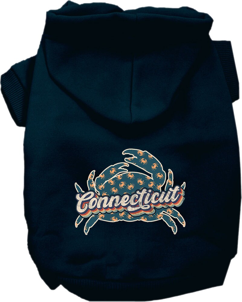 A medium to large pet wearing a stylish screen printed hoodie featuring a Connecticut Retro Crabs design, showcasing comfort and durability.