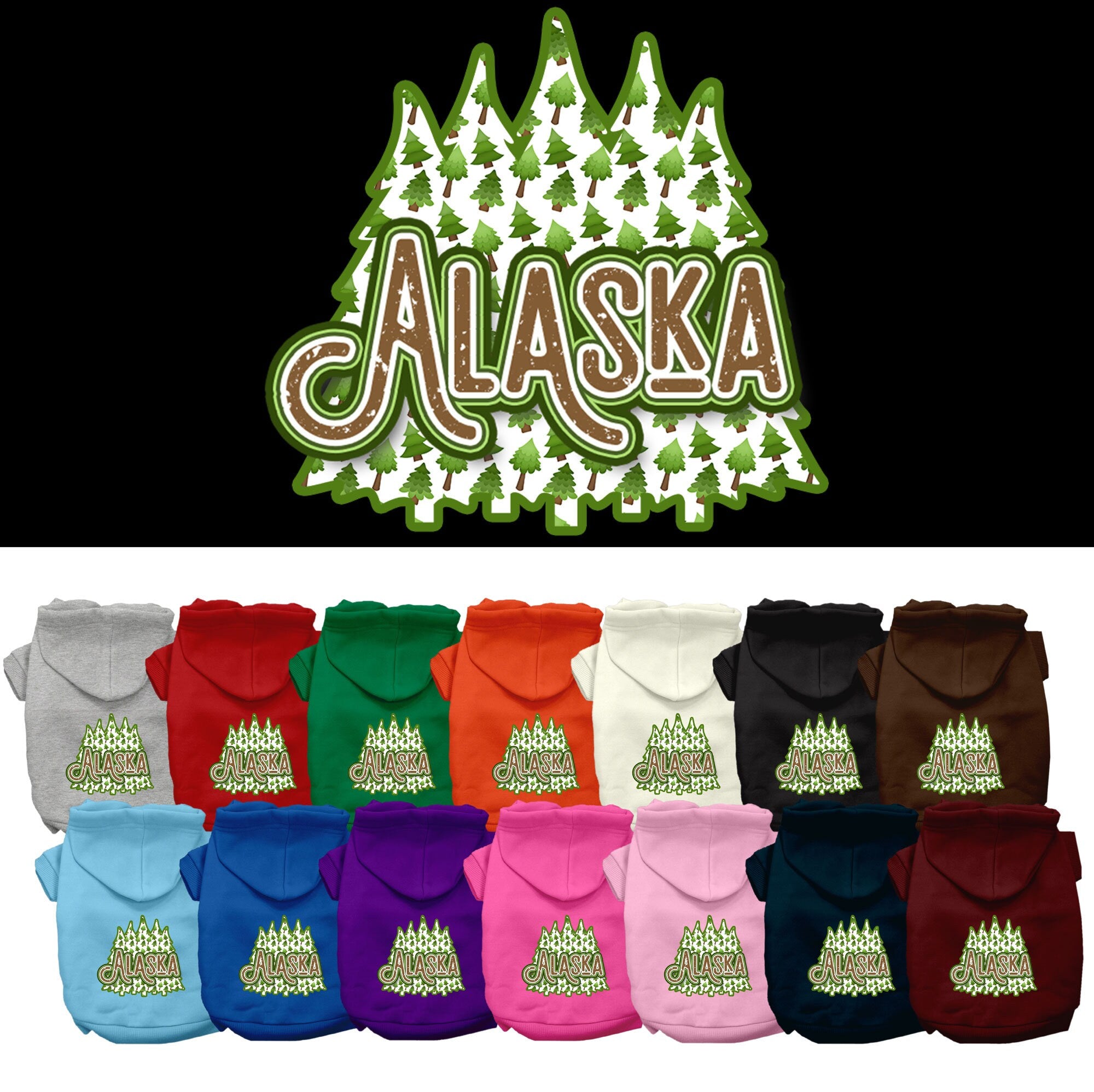 A cozy screen printed hoodie for medium to large pets featuring Alaska Woodland Trees design, showcasing its soft fabric and durable stitching.
