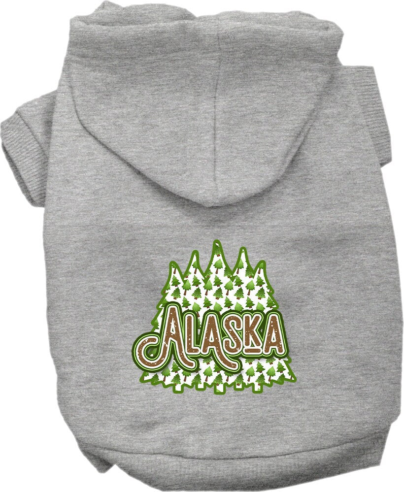 A cozy screen printed hoodie for medium to large pets featuring Alaska Woodland Trees design, showcasing its soft fabric and durable stitching.