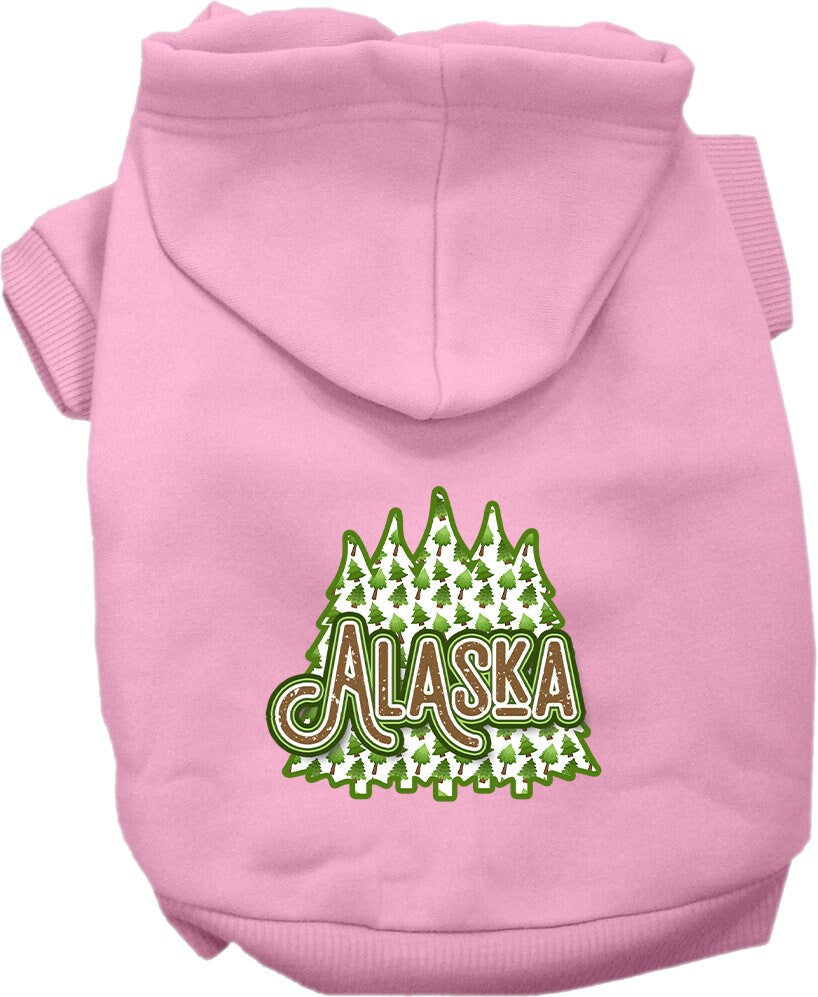 A cozy screen printed hoodie for medium to large pets featuring Alaska Woodland Trees design, showcasing its soft fabric and durable stitching.