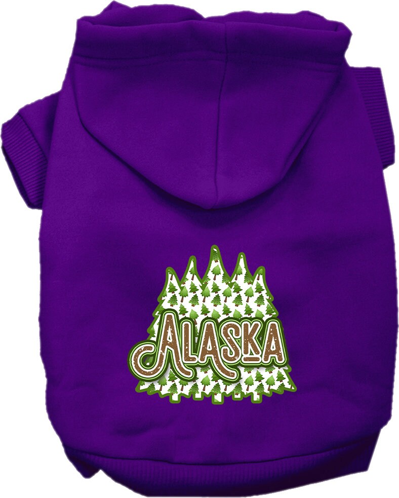 A cozy screen printed hoodie for medium to large pets featuring Alaska Woodland Trees design, showcasing its soft fabric and durable stitching.